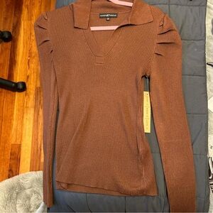 Brown Ribbed V-Neck Sweater
